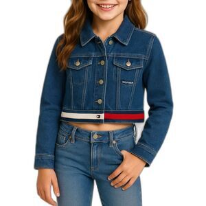 Tommy Hilfiger Girls’ Cropped Denim Jacket with Logo Trim | Size M